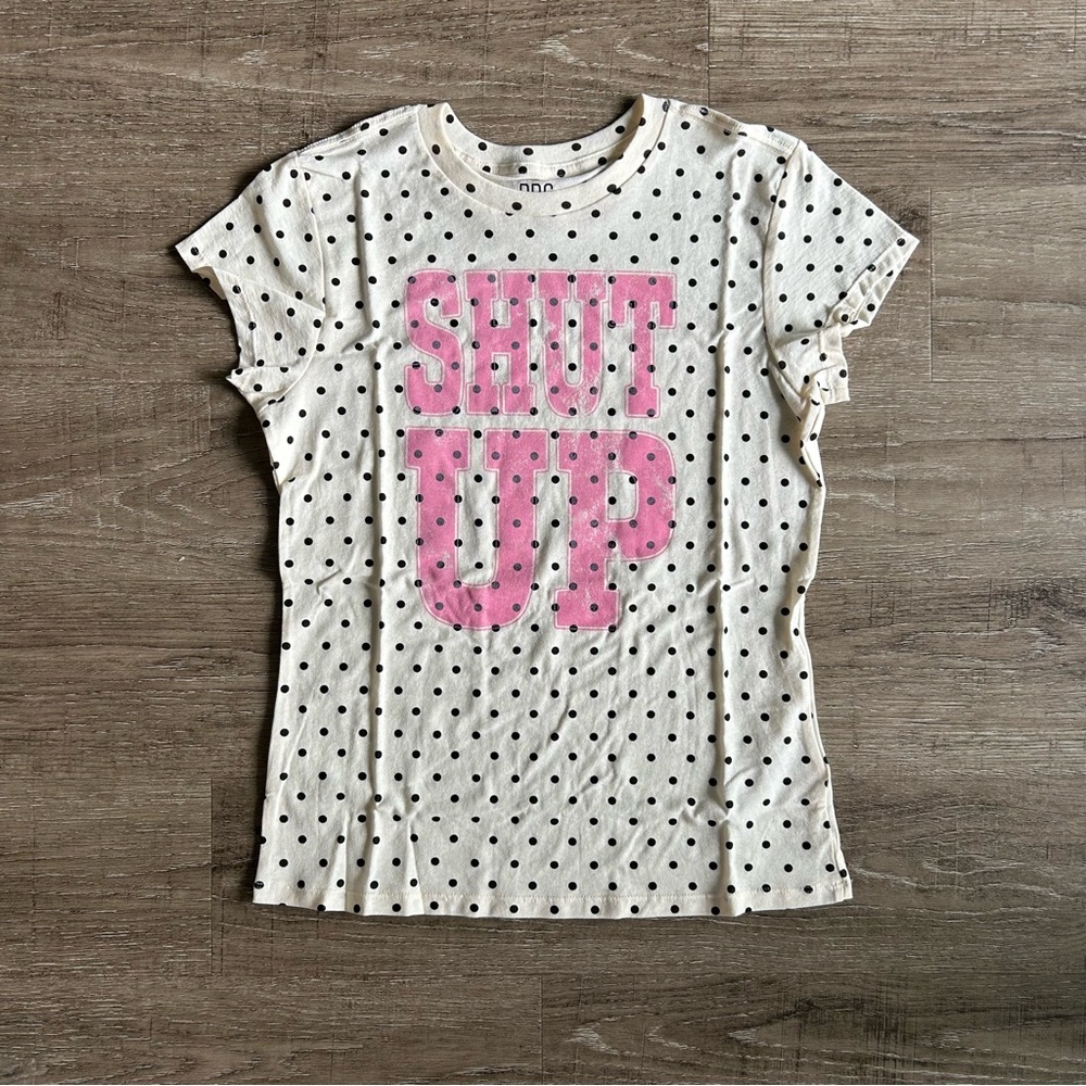 Polka Dot ‘SHUT UP’ Graphic Tee black and white polka dot with pink graphic font